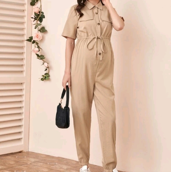 Single breasted flap detail shirt jumpsuit in khaki - Picture 1 of 2